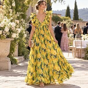 La DoubleJ Penelope Zesty Yellow Floral Silk Creponne Sz S Maxi Dress MSRP $1980